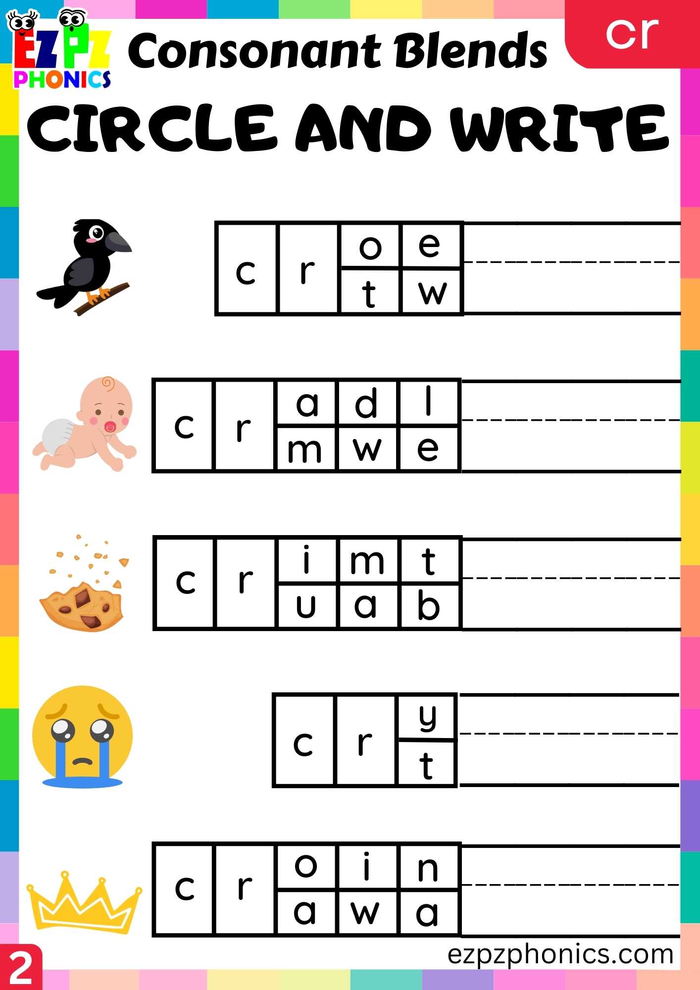 Group2 CR Words Circle And Write Phonics Consonant Blends Worksheet